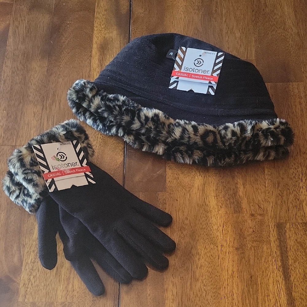 Isotoner Women's Black Stretch Fleece Hat and Gloves